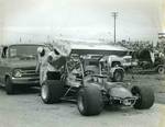 Wolfman fueling up before a race, unknown track, 1972.